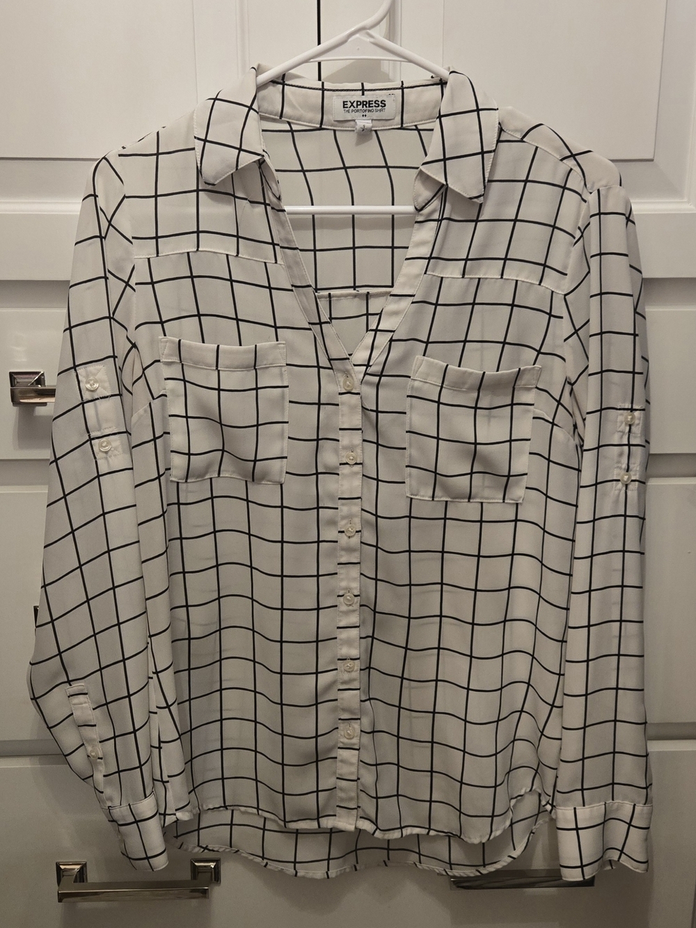 Express White Grid Button-Down Blouse Size Small